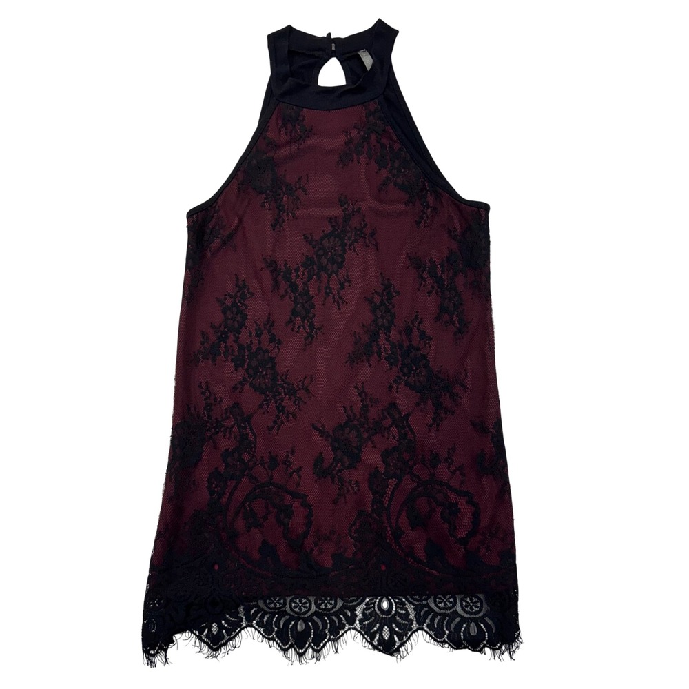 Vanity Womens Halter Top Black Burgundy Sheer Lace Eyelash Trim Small